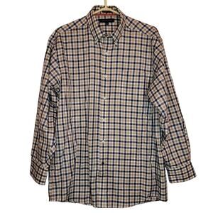 Tommy Hilfiger tan and blue plaid long sleeved classic button up shirt